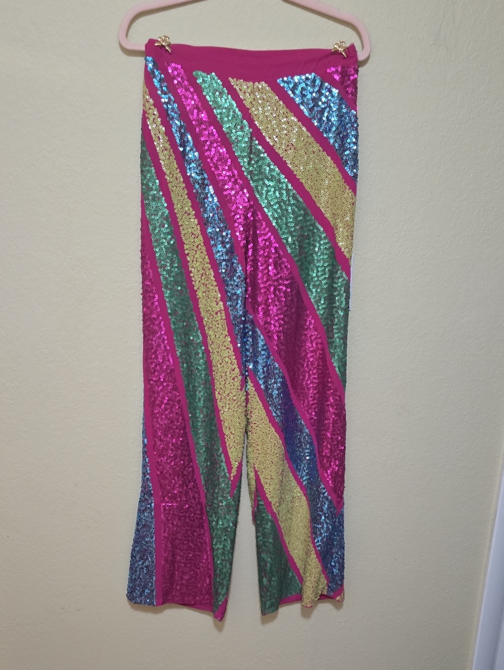 Nasty Gal Fuchsia Sequin Stripe Leggings with Gold, Blue & Green Accents